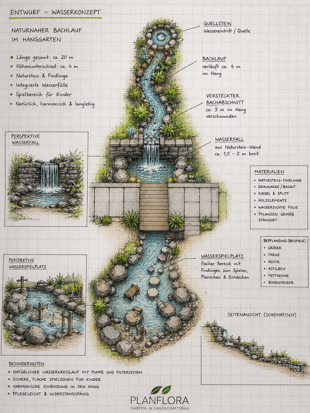 Individuelle Gartenplanung mit klarer Wegeführung, Wasserlauf und abgestimmter Bepflanzung.